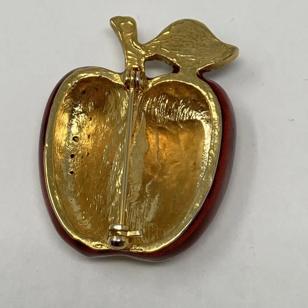 Apple Pin Brooch Pave Set Rhinestones Crystals Enamel Red Delicious Teacher Gift